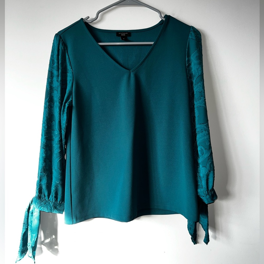 Teal Ann Taylor Tie Sleeve Blouse